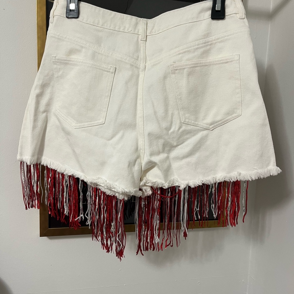 Peach Love California White Jean Shorts with Red Fringe - Picture 3 of 3